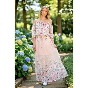 Jodi Kristopher NEW floral sheer maxi off shoulder Small summer party cottagecor